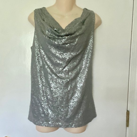 (7) Michael Kors Trendy Silver Metallic Sequins Draped Neck Blouse Tank … - Picture 1 of 7